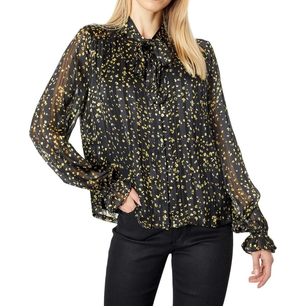 Lost + Wander Leopard Print Chiffon Blouse Tie Neck Sheer Boho Top XS NWT
